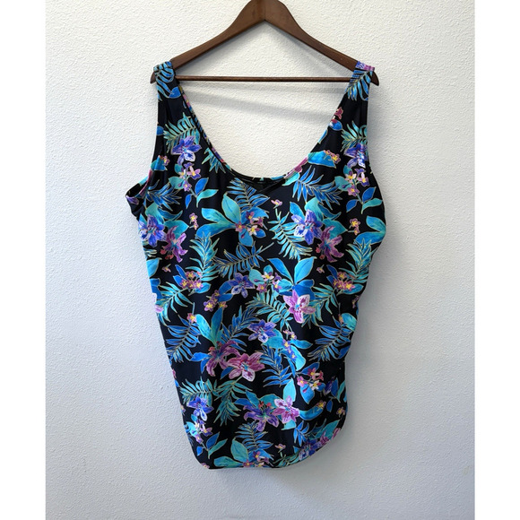 Swimsuits For All One Piece Swim Dress Women Plus Size 30 Blue Black Floral NWT - Picture 1 of 7